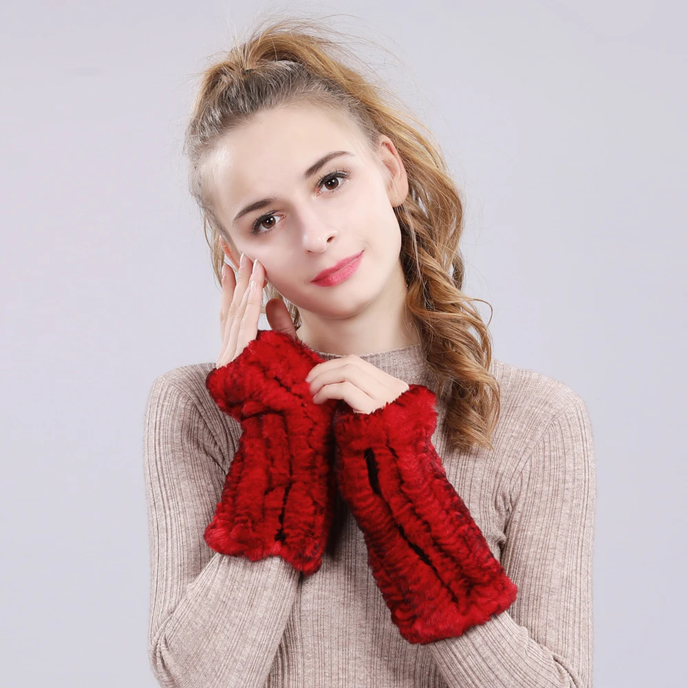 Good Elastic Women Real Genuine Knitted Rex Rabbit Fur Fingerless Gloves Mittens Warm Natural Rex Rabbit Fur Gloves