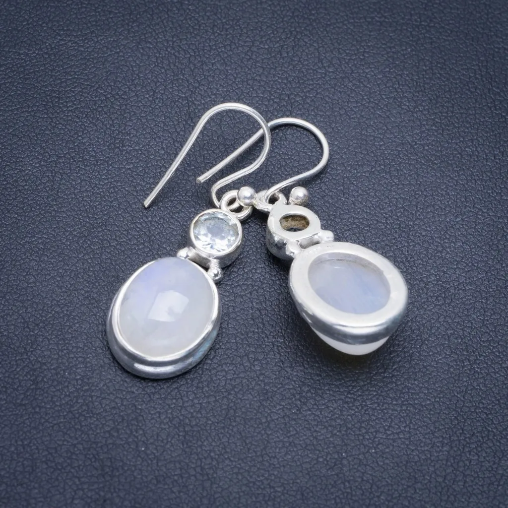 

Natural Rainbow Moonstone and Blue Topaz Handmade Unique 925 Sterling Silver Earrings 1.5" A2067