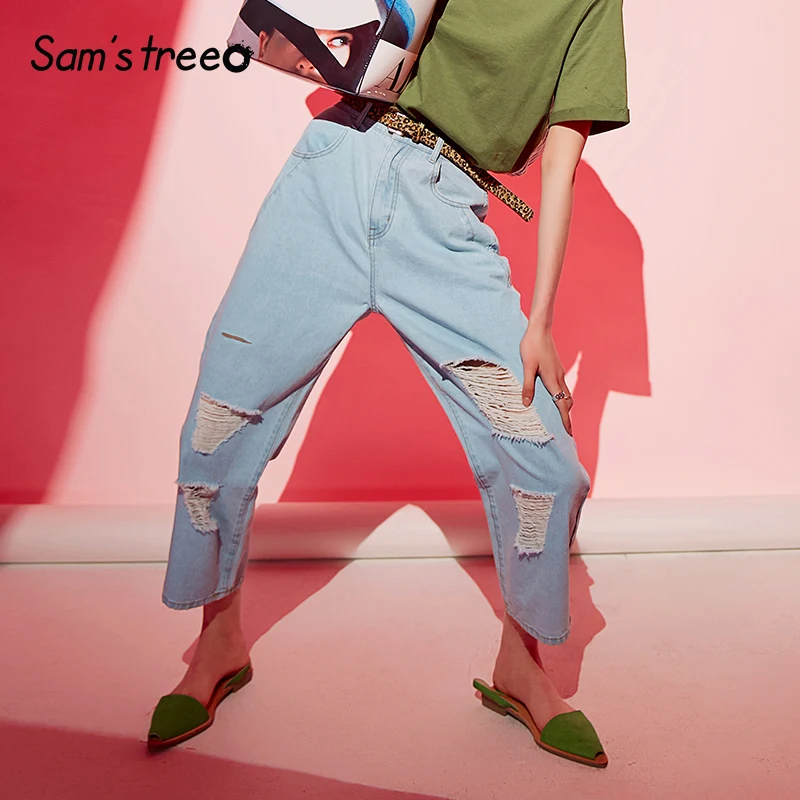 

Samstree Summer Women Ripped Jeans with Holes Loose Hip Hop Denim Ankle-Length Pants Vintage Torn Straight Female Jeans Trouser