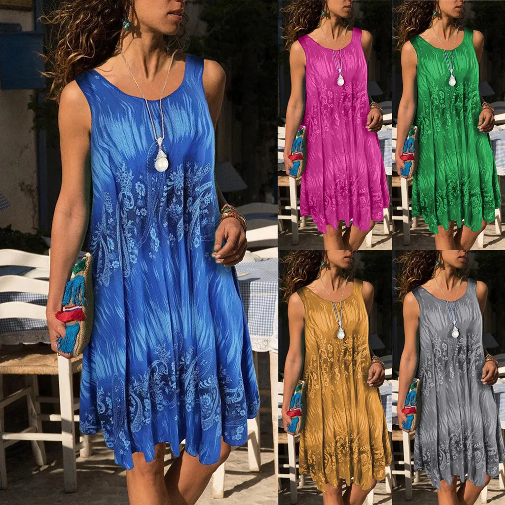 

Fashion Womens Plus Size Dress Solid O-Neck Printing A-Line Fresh Regular Sleeveless Vest Easy Beach Casual Sexy Short Dress