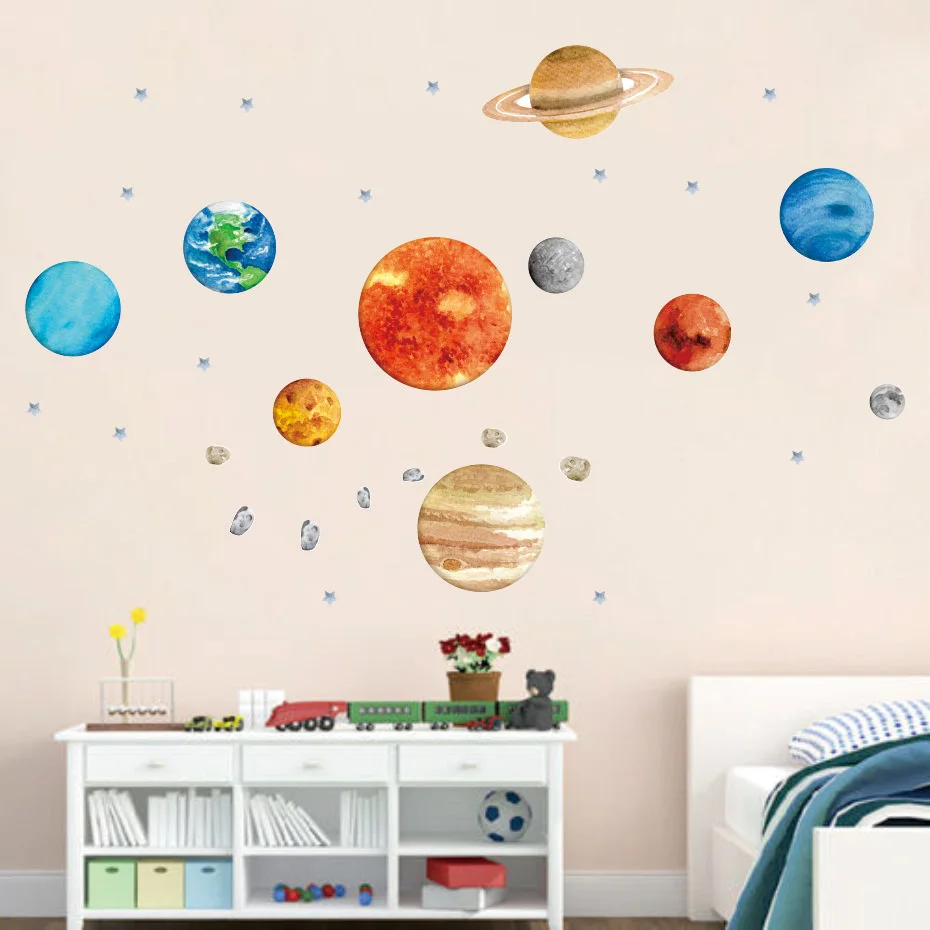 Солнечная система, тематические обои, реалистичное искусство, детская комната, домашний декор, водонепроницаемый ПВХ, высокое качество, наклейка на стену, детская комната, цветная наклейка