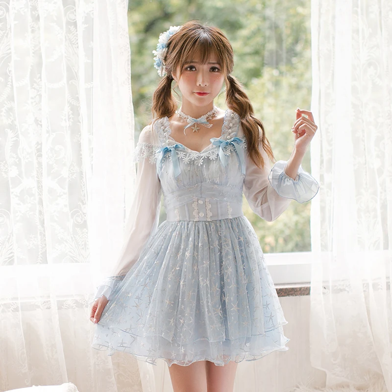 

CANDY RAIN 2019 NEW Shining Star Print Dress Autumn Women Mini Dress Blue Ball Gown Dress C22CD7171