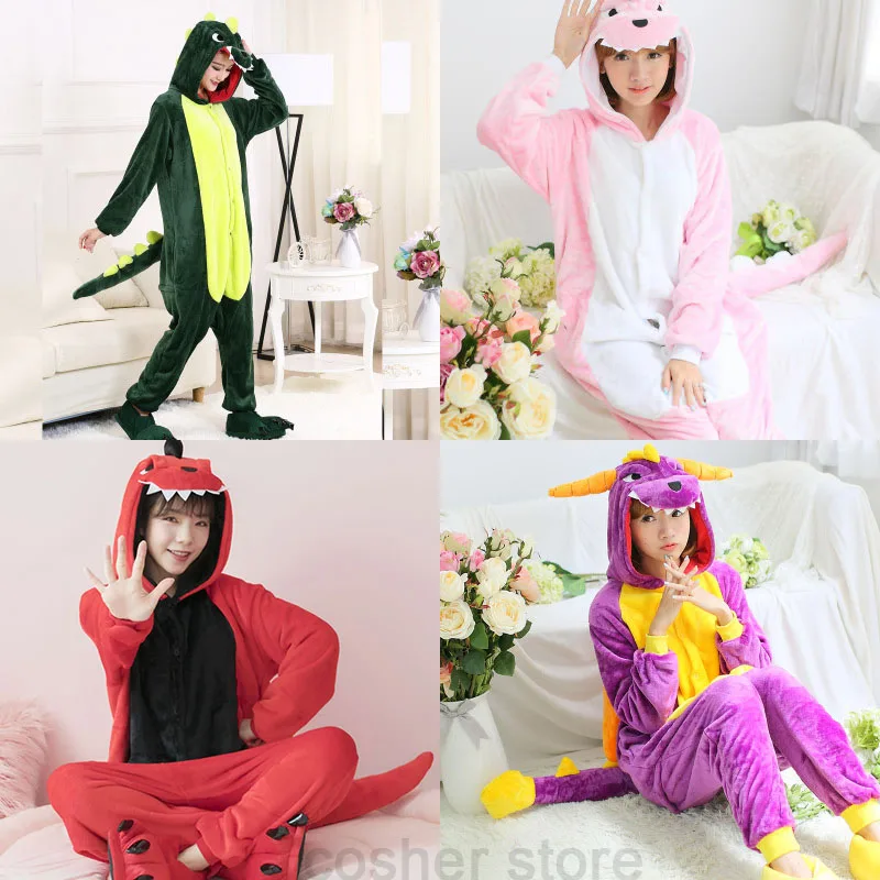 

Adult Dinosaur Kigurumi Onesies Cartoon Animal Cosplay Pajamas Suit Flannel Warm Soft Sleepwear Jumpsuits Red Purple Pink Green