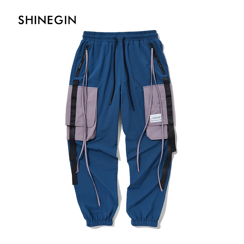 SHINEGIN Swag Ribbon Pants Hip Hop Cargo Pant Streetwear Men Harem Pants Patchwork Multi Pocket Trousers Casual Tatical Pants