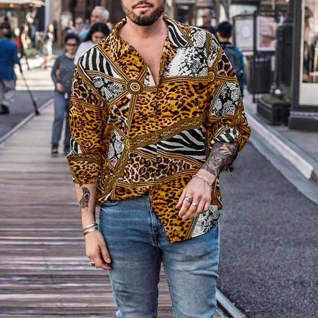 

Mens Trend Nightclub Leopard StripeShirt High Quality Long Sleeve Shirt Male Social Casual Party Shirt Chemise Homme Dress Shirt