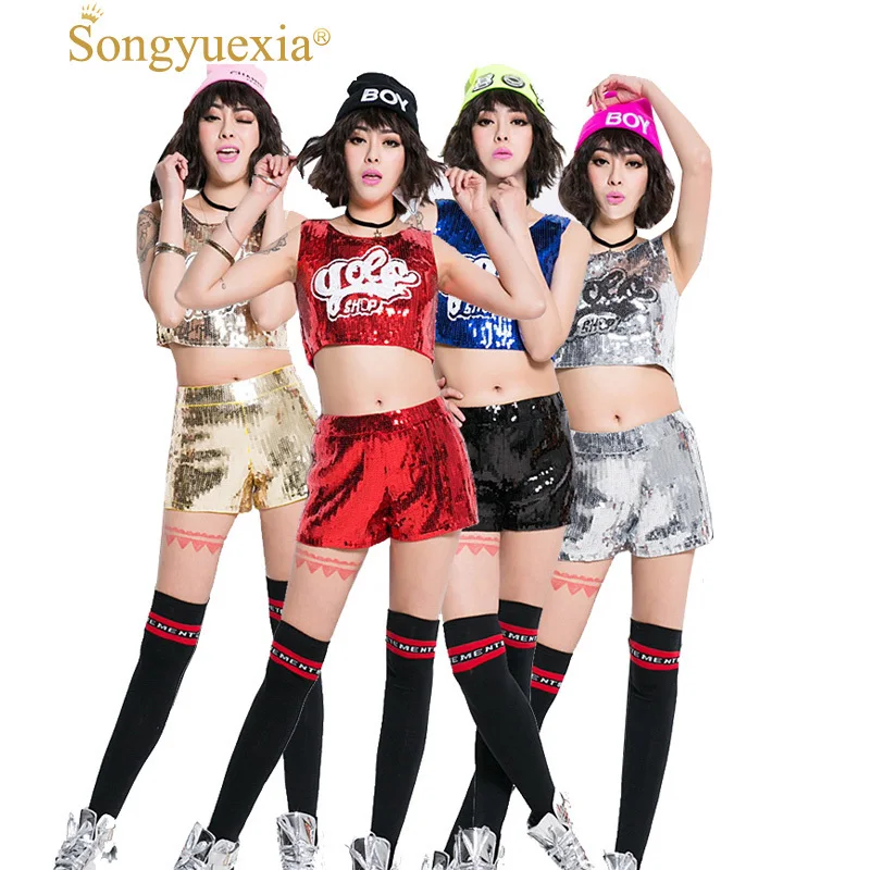 Ceny Songyuexia kobieta nowe cekiny cheerleaderek kostiumy do tańca piosenkarka nowoczesne hip hop kostiumy do tańca jazzowego kobiet cekiny DJ kostiumy