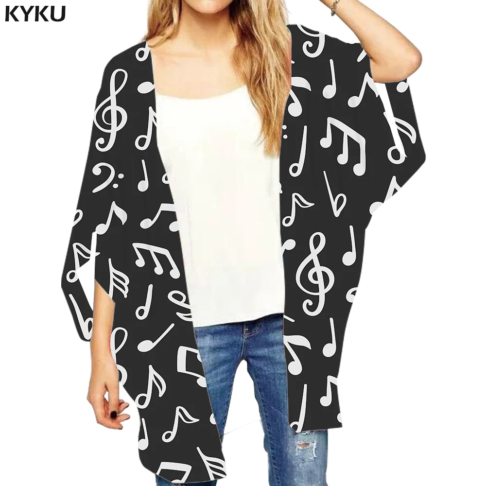

KYKU Music Loose Kimono Women Note Open Stitch Blouse Black Ladies Shawl Harajuku Loose Clothes Gothic Shirts Womens Clothing