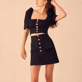 

Summer Women Two Piece Sets Square Collar Black Solid Short Puff Sleeve Crop Top Front Single Breasted Button Mini A-line Skirt