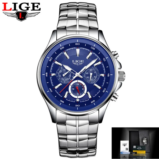 Топ бренд класса люкс LIGE часы для мужчин Бизнес водонепроницаемые часы для мужчин s часы Модные Повседневные Спортивные кварцевые наручные часы Relogio Masculino - Цвет: silver blue steel