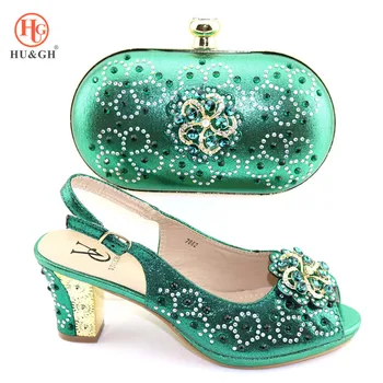 

2019 Green Italian Shoes and Bag Matching Set Women Shoe and Bag Set African High Heels Open Toe Sandals Slip on Shoes for Women