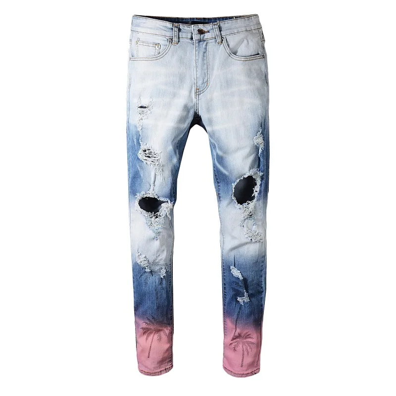 

New Italy Style Men's Distressed Destroyed Pants White Ripped Patches Blue Skinny Biker Coconut trees Jeans Slim Trousers 553#