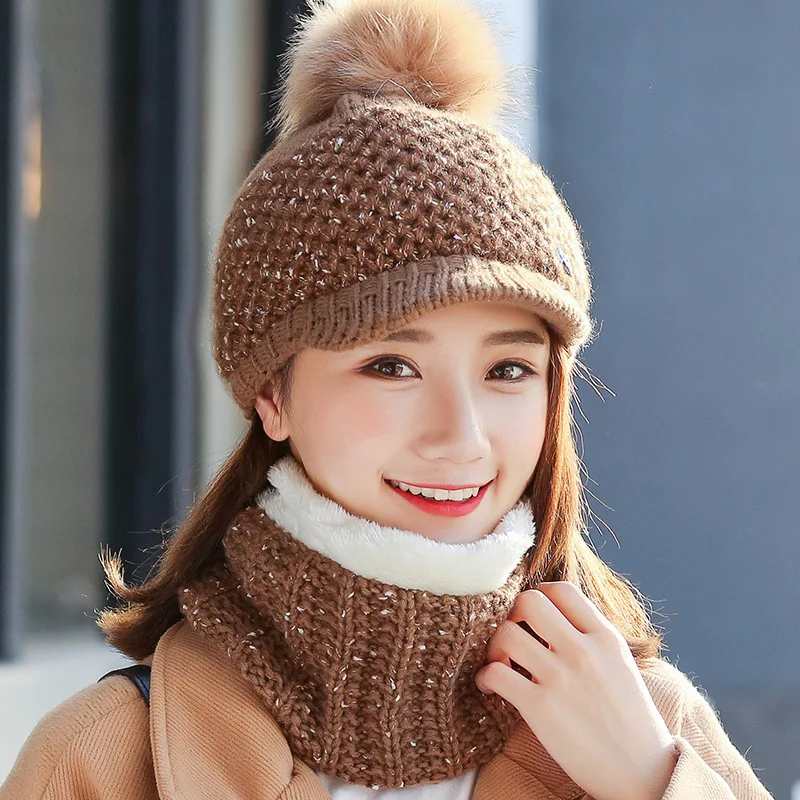 Female Winter Hats and Scarf for Women Hat Scarf Set Wool Knitted Cap