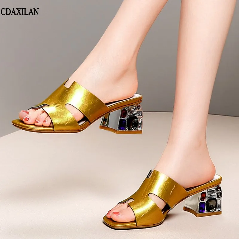 De Nuevas Cuero white Tacones Cuadrado Genuino Zapatillas Moda Oro Mujer Blanco Llegadas Cdaxilan Golden Diamante Medio Señoras Tacón A4wqdIy