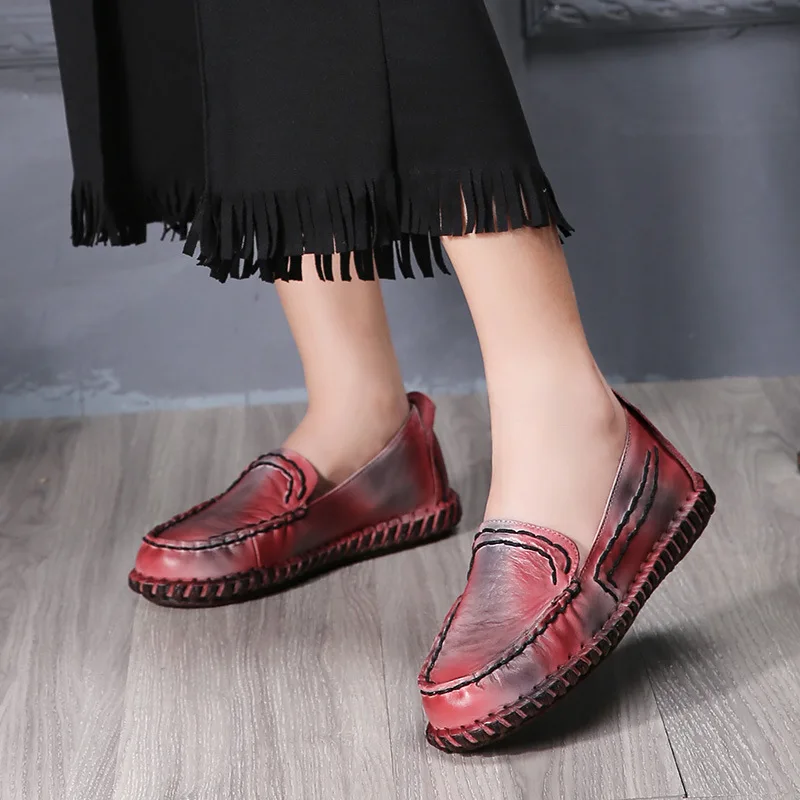 

2017 Designer Spring Womens Red Flats Sale Genuine Leather Ladies Loafers Retro Handmade Women Lazy Shoes Casual Style