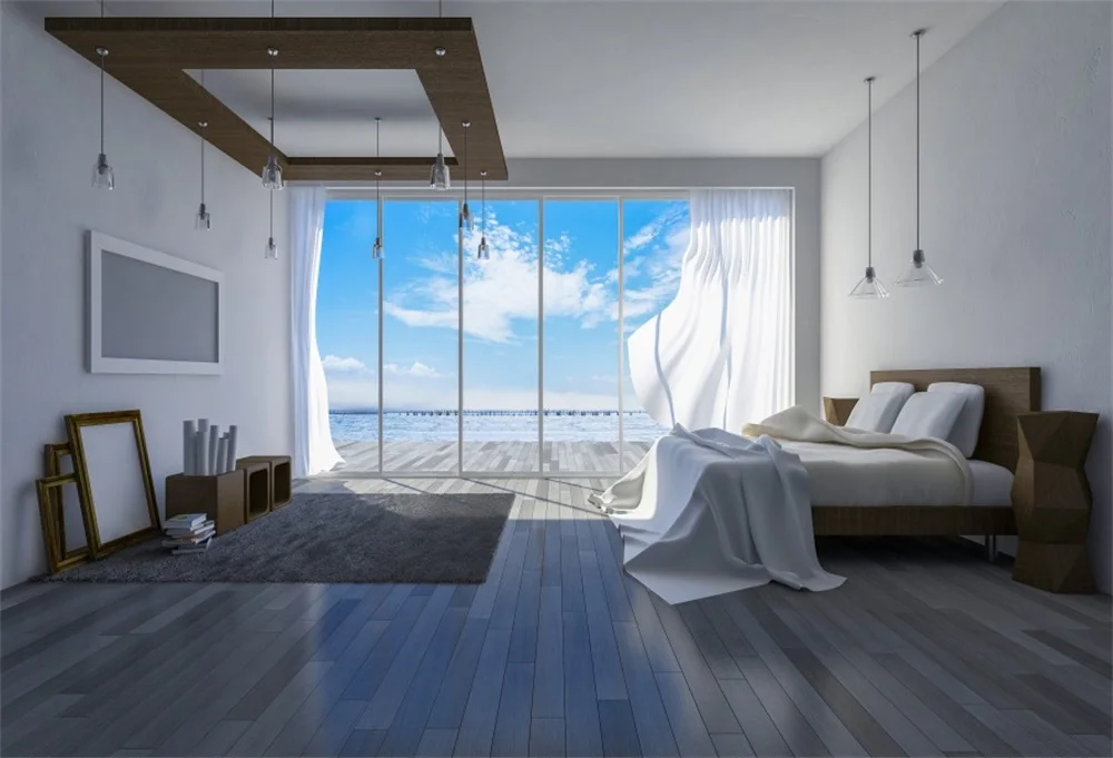 

Laeacco Sea Window Room Interior Bed Blanket Scene Photography Backgrounds Customized Photographic Backdrops For Photo Studio