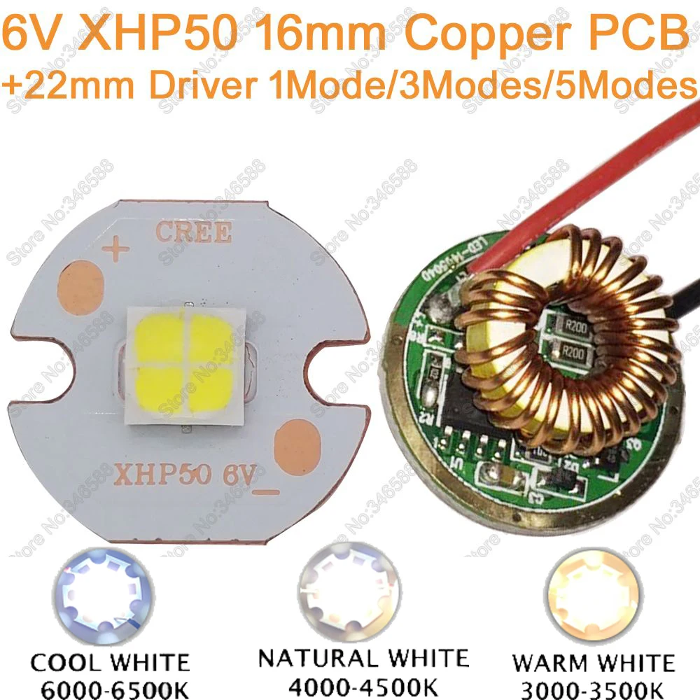 

Cree XHP50 Cool White Neutral White Warm White High Power LED Emitter 6V 16mm Copper PCB + 22mm 1Mode / 3modes / 5Modes Driver