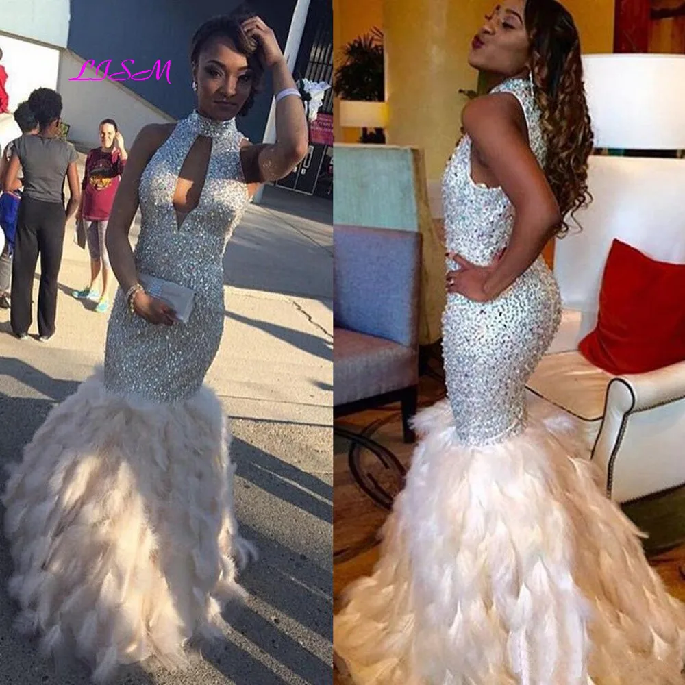 

High Neck Feather Mermaid Prom Dresses 2019 Rhinestone Sequin Long Evening Formal Dress Luxurious Crystal Party Gown robe soiree