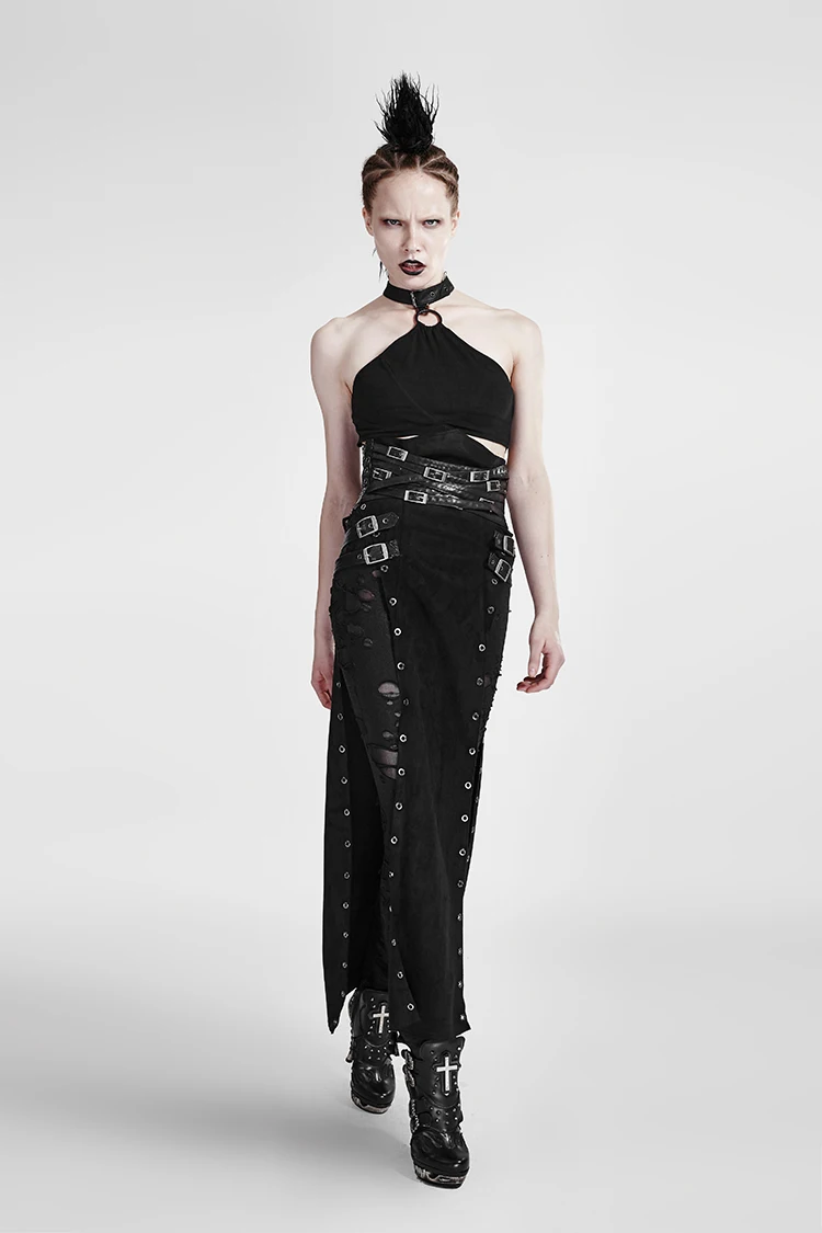 Highwaist Gothic Black Pu Leather Split Party Skirt Punk Warrior Long Skirts For Women - 4