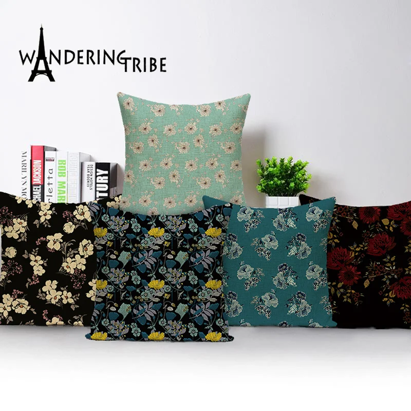 

Vintage Decorative Cushion Covers Black Pillows Case Shabby Chic Flower Sofa Decor Cushions Custom Flax Pillow Cover 45*45