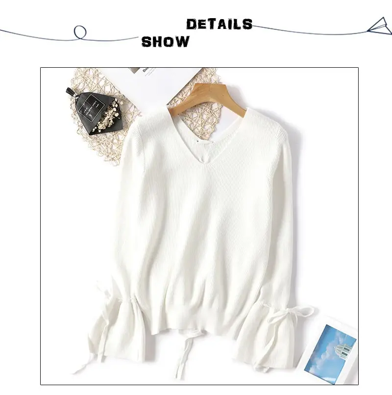 V Neck Sweater Women Knitted Pullover Winter 2018 Lace-up Top Casual Woman Flare Long Sleeve Ladies Sweaters and Pullovers Solid (2)