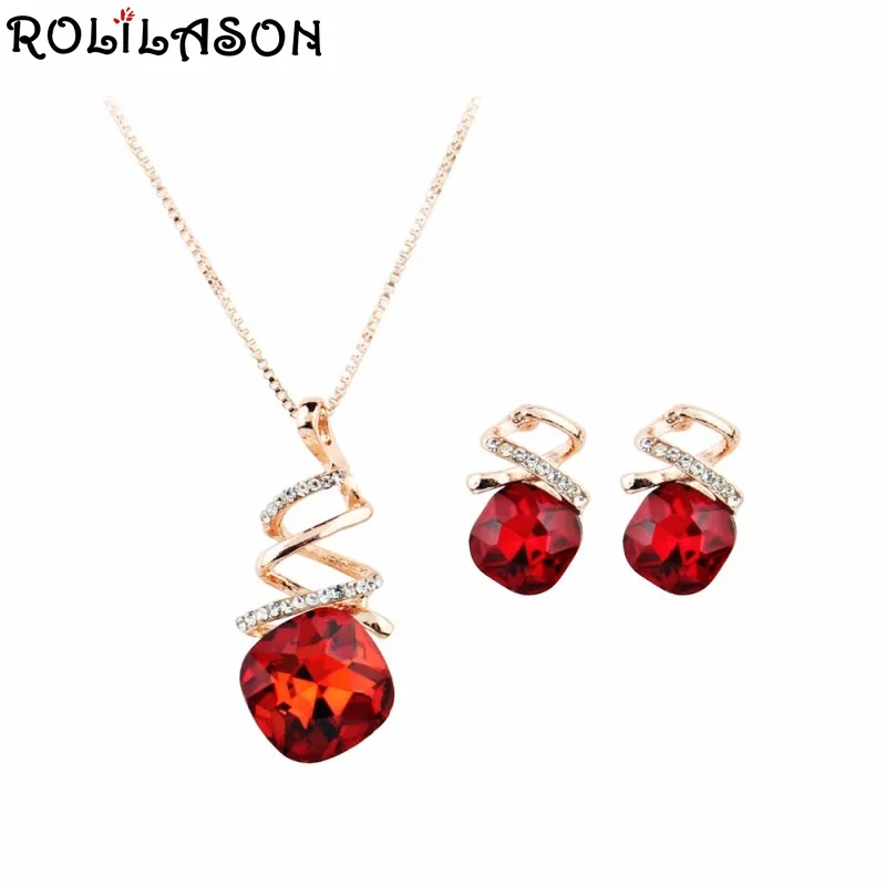 

ROLILASON red square crystal zircon rose gold suit spring carnival pendant necklace earrings charm retro party gift JS826