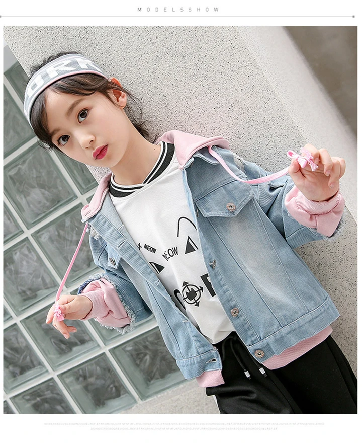 Denim com Capuz Anos Grandes Meninas Denim Jaquetas 2020 Primavera Outono Moda Crianças Outwear Jeans Cabolsa Retalhos 12 3-14 4 Cheap Jaquetas e casacos