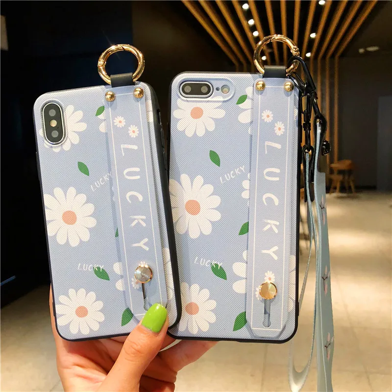 

Daisy flowers wrist strap Kickstand IMD baby blue soft shell mobile phone bag For Apple iphone 6 6s 7 8 Plus X XS XR MAX case