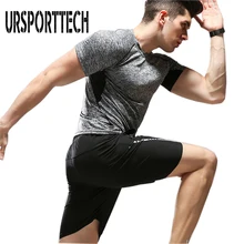 Бренд с коротким рукавом фитнес набор колготки мужские компрессионные эластичные быстросохнущие дышащая футболка тактическая Мужская футболка XXXL