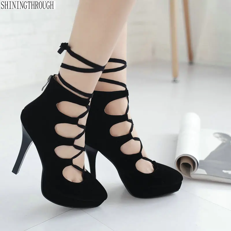 

2018 summer Women Boots suede leather lace up ankle boots thin high Heels shoes woman dress party shoes woman size 42