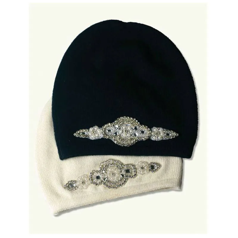 

fashion women cashmere knit beanie hat with rhinestone patch-JU014