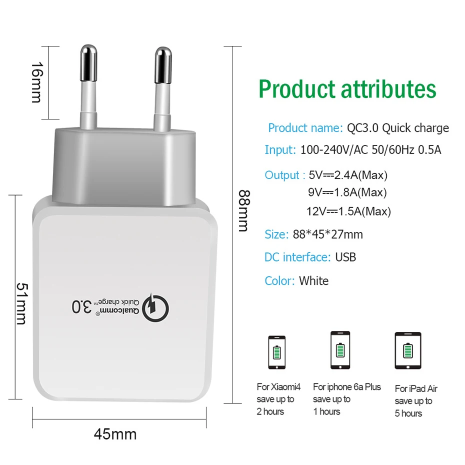 Быстрая зарядка 3,0 ЕС быстрая USB Зарядное устройство для iPhone Android Phone 5V 3A Питание путешествия Зарядное устройство s Зарядка через usb кабель Micro USB