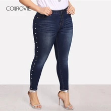 COLROVIE, джинсы размера плюс с синими жемчужинами, повседневные джинсы, женские осенние винтажные обтягивающие джинсы с карманами, женские Стрейчевые штаны