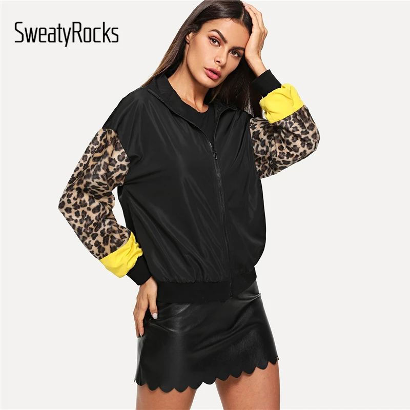 SweatyRocks Black Zip Up Contrast Leopard Sleeve Jacket 2018 Women Autumn Clothes Outwear Coat 2018 Womens Jackets And Coats SweatyRocks Black Zip Up Contrast Leopard Sleeve Jacket 2018 Women Autumn Clothes Outwear Coat 2018 Womens Jackets And Coats