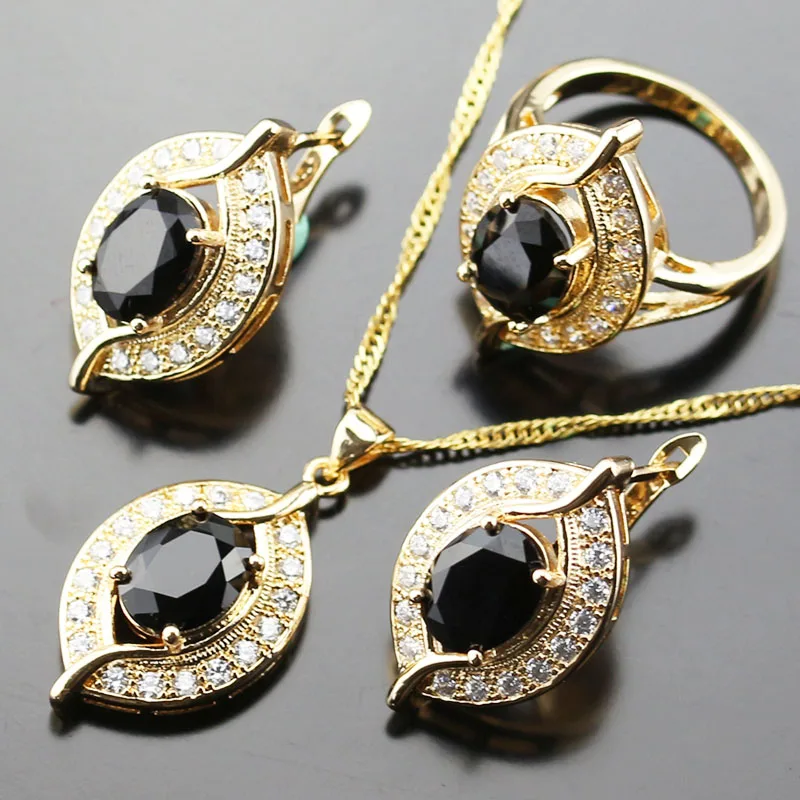 Black crystal Bridal Jewelry Set For Women Gold color White zircon ...