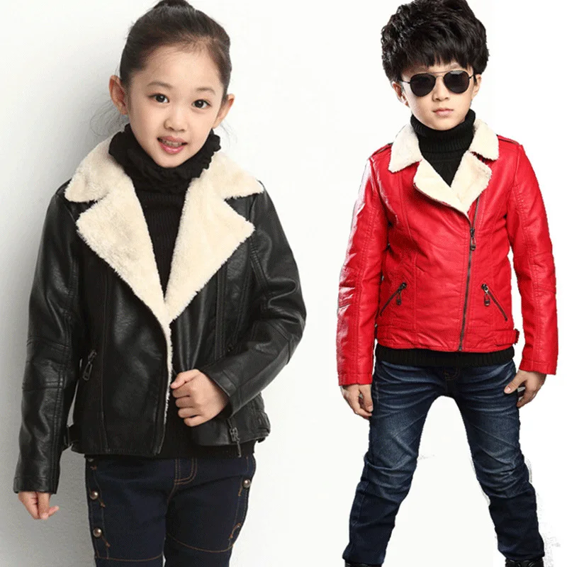 

2018 Winter Children Outerwear Warm Coat Kids Jacket Pu Leather Girls Black Red Fashion toddler boys jackets And Coats With Fur