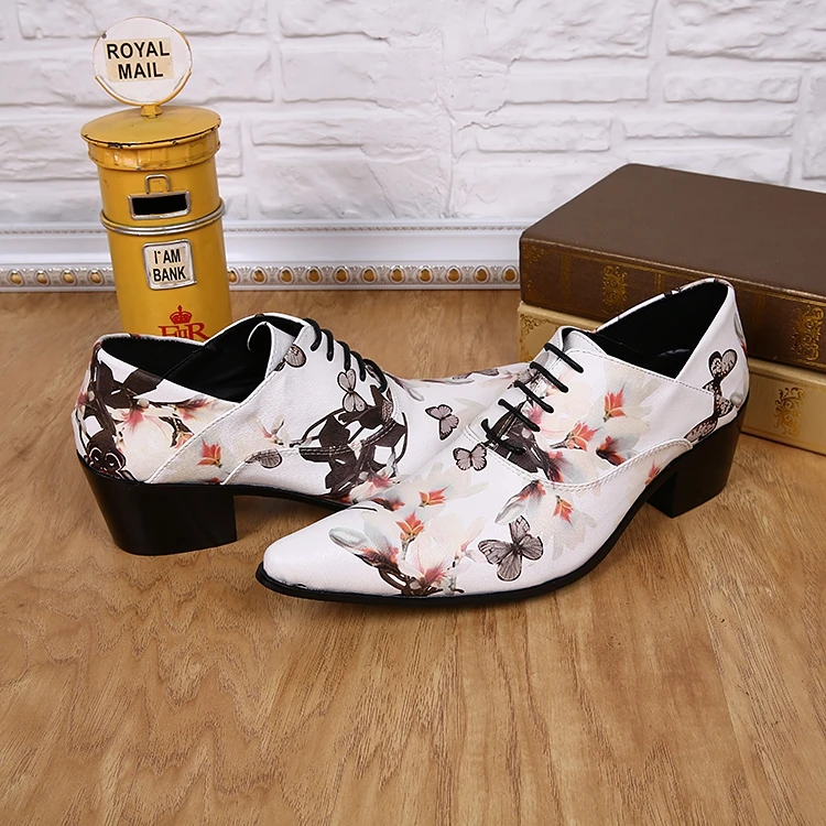 Borboleta Impressão Borracha Se Dos Cm Sapatos Acima Negócios Sapatas Calcanhar Couro Homens Genuíno Vestem 3 Masculino Da 5 Floral Quadrado Ata Oxfords De xPnZ7qw1