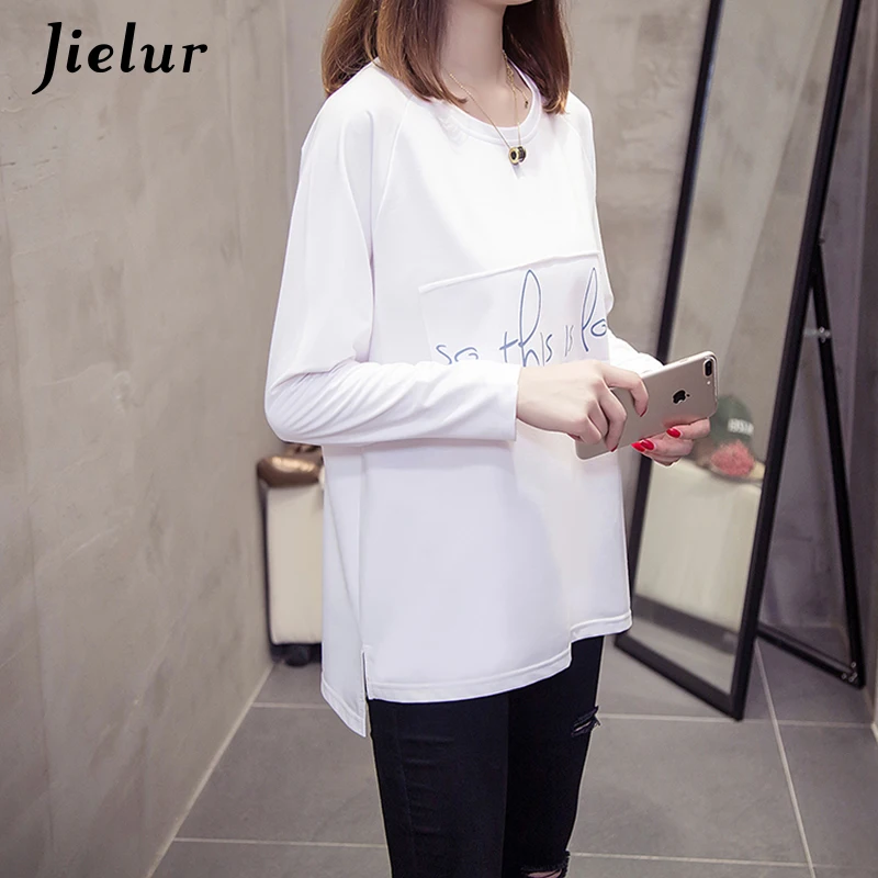 Jielur буквенным принтом Корейская женская футболка с длинным рукавом повседневные белые осенние женские футболки хипстерские женские футболки Харадзюку топы