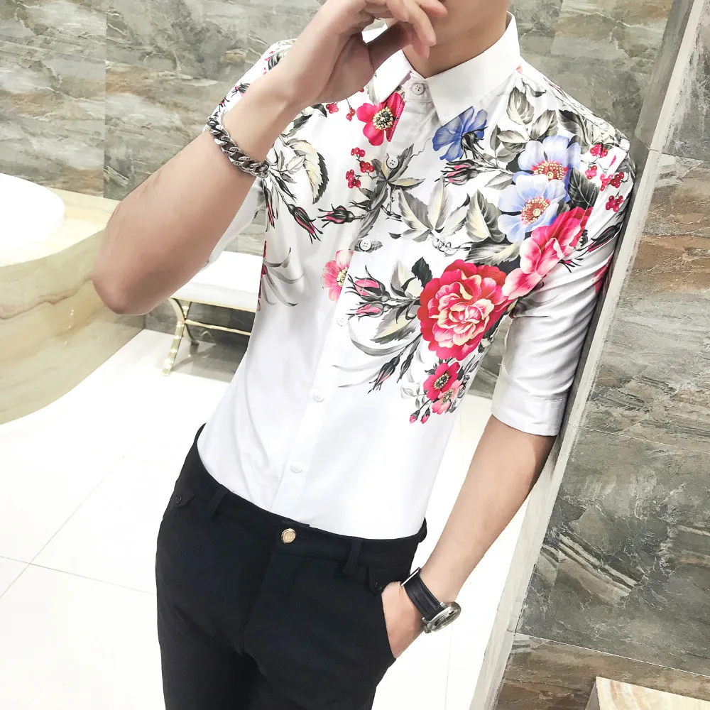 

High Quality Men Floral Shirts Summer Brand New Slim Fit Half Sleeve Tuxedo Shirt Men Digital Print Casual Social Shirt Dress
