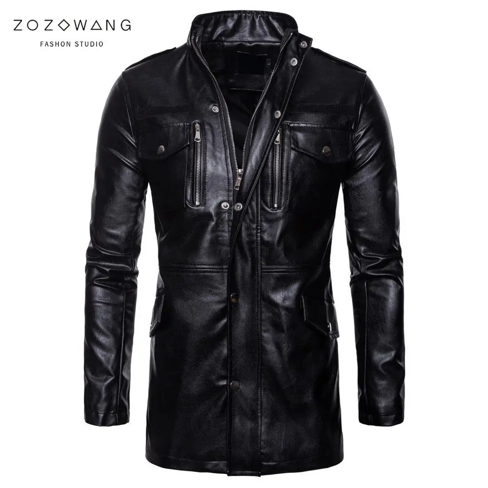 

Spring men's quality Medium and long section leather jacket retro motorcycle jacket warm and windproof PU leather Jacket Siz 5X