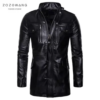 

Spring men's quality Medium and long section leather jacket retro motorcycle jacket warm and windproof PU leather Jacket Siz 5X