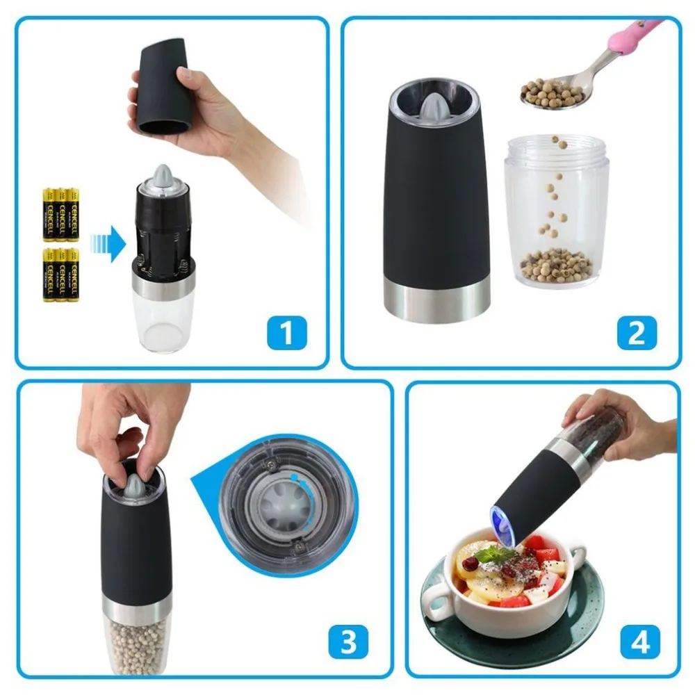 Electric Gravity Pepper Grinder with LED Light Automatic Salt Mill Muller Battery Powered Kitchen Seasoning Grinding Tool