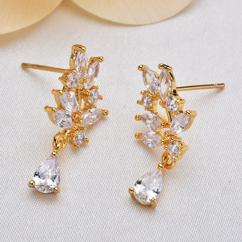 

(189) 2PCS 24x12MM 24K Gold Color Brass with Zircon Leaf Leaves Stud Earrings High Quality Diy Jewelry Findings Accessories