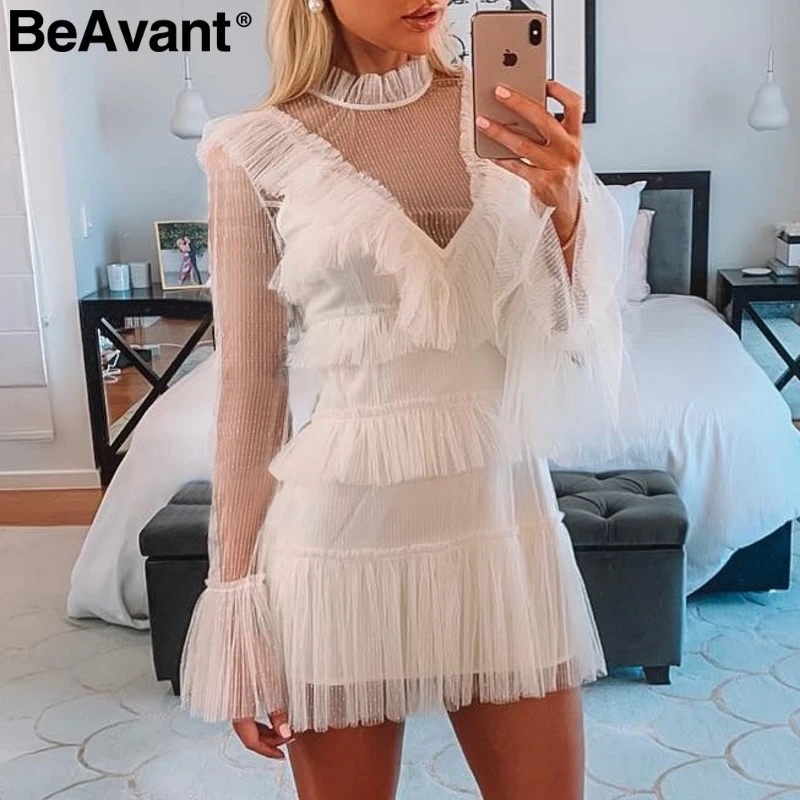 BeAvant, винтажное Сетчатое белое платье в горошек, женские летние платья с оборками и длинным рукавом, Женские Элегантные короткие платья для вечеринок vestidos