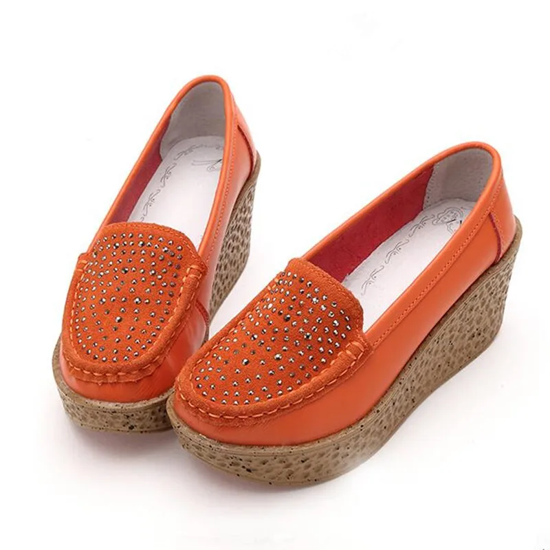 Femme jaune Véritable Hauts Pente Confortable forme Mode Bleu orange De Avec À Nouveau Cuir Strass Plate Femmes Chaussures 2018 En Élégant Talons Des 6fqBwwT