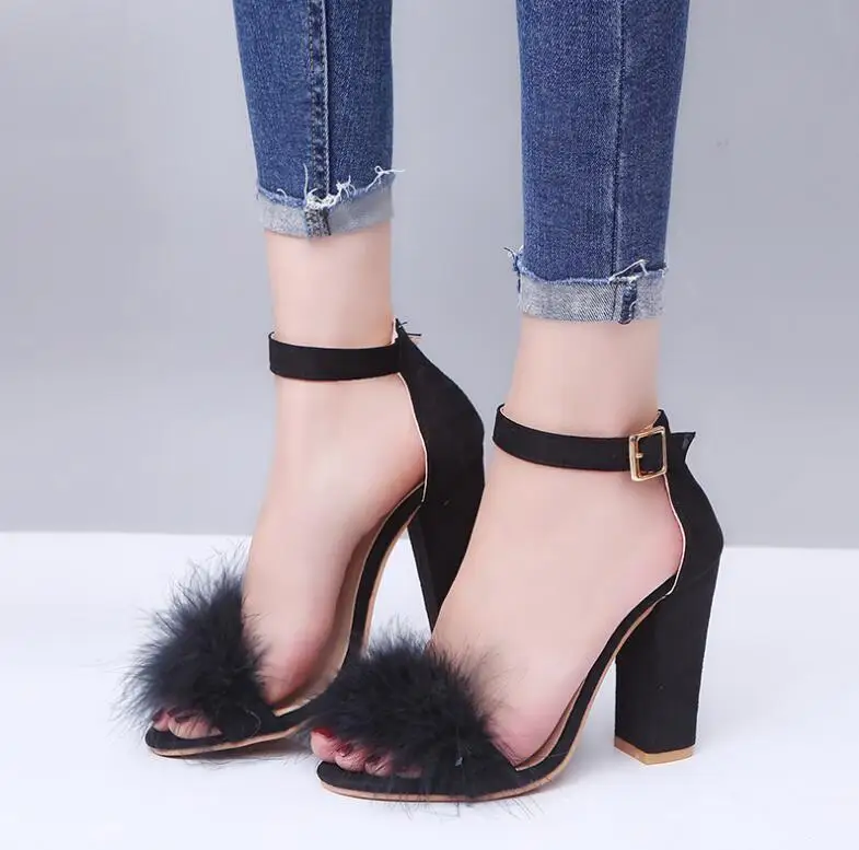 Summer fur Women Pump High Heels Shoes Women ladies Classics Platform Peep Toe Square heel Wedding dress Pump shoes mujer #836