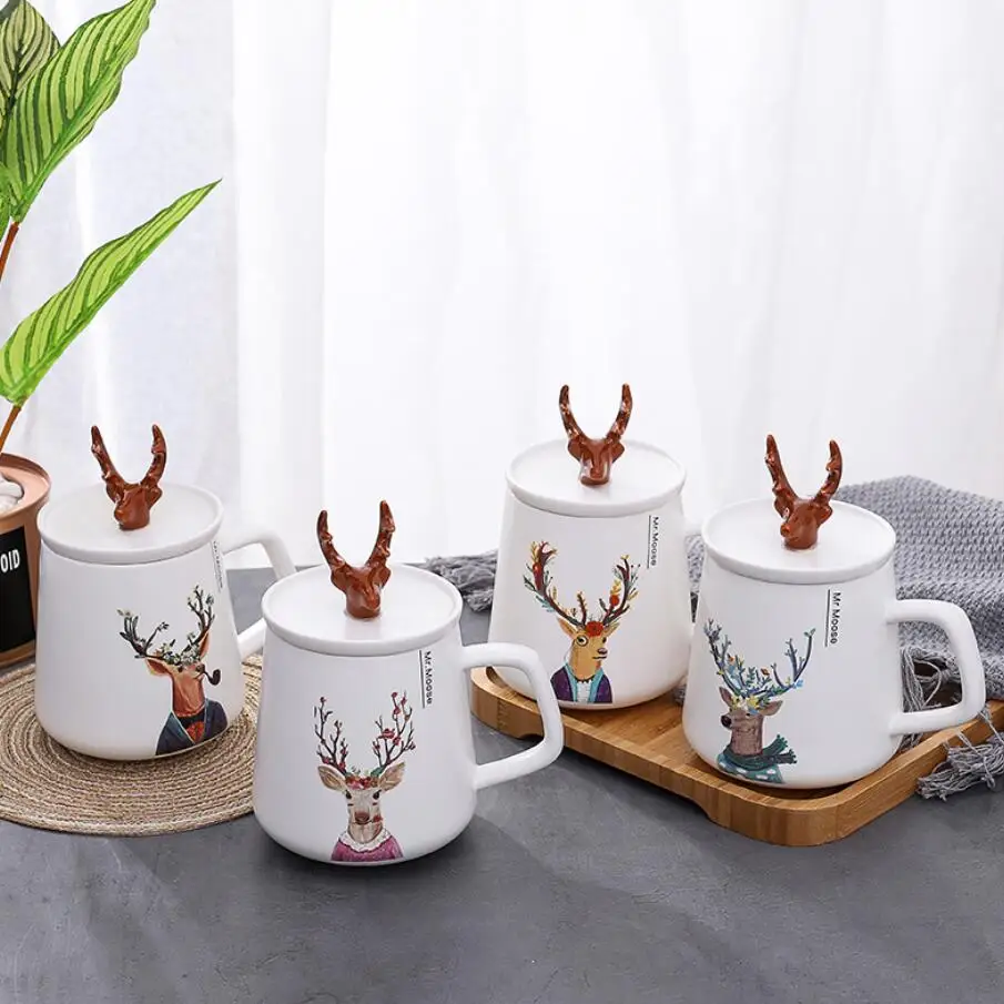 Nordic creative deerhorn керамическая с крышкой мультфильм студенческая пара водная чашка