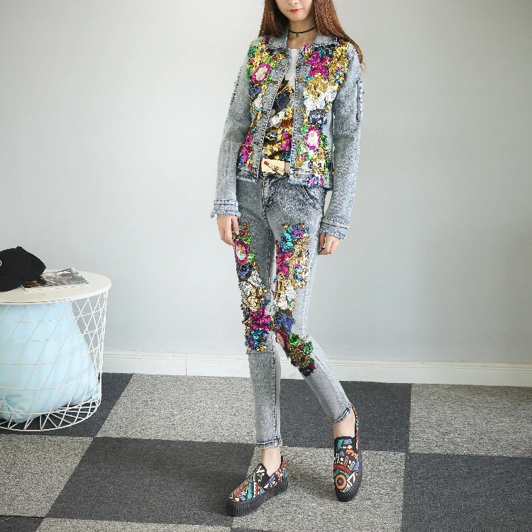 

2018 New Spring Fashion Women's Sets Sequined Beads Long Sleeve Denim Jacket + Long Pencil Pants Casual Female Jeans Suits
