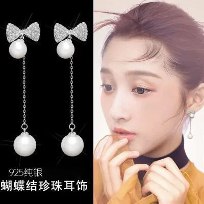 Sweety bow pearl tassel earring 925 silver post Hypoallergenic fadeless fashion jewelry stud earrings for women gift