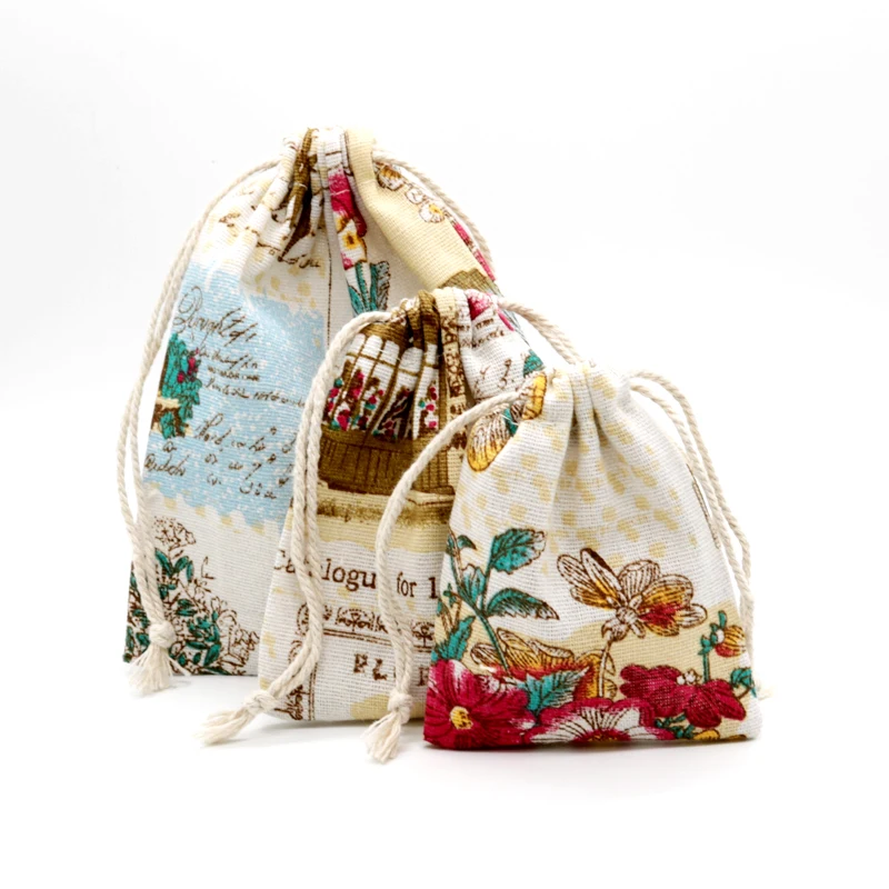 

50pcs/lot Flower Design Cotton Bags 19x24cm Party Favors Linen Drawstring Gift Bag Muslin Boutique Gifts Jewelry Packaging Bags