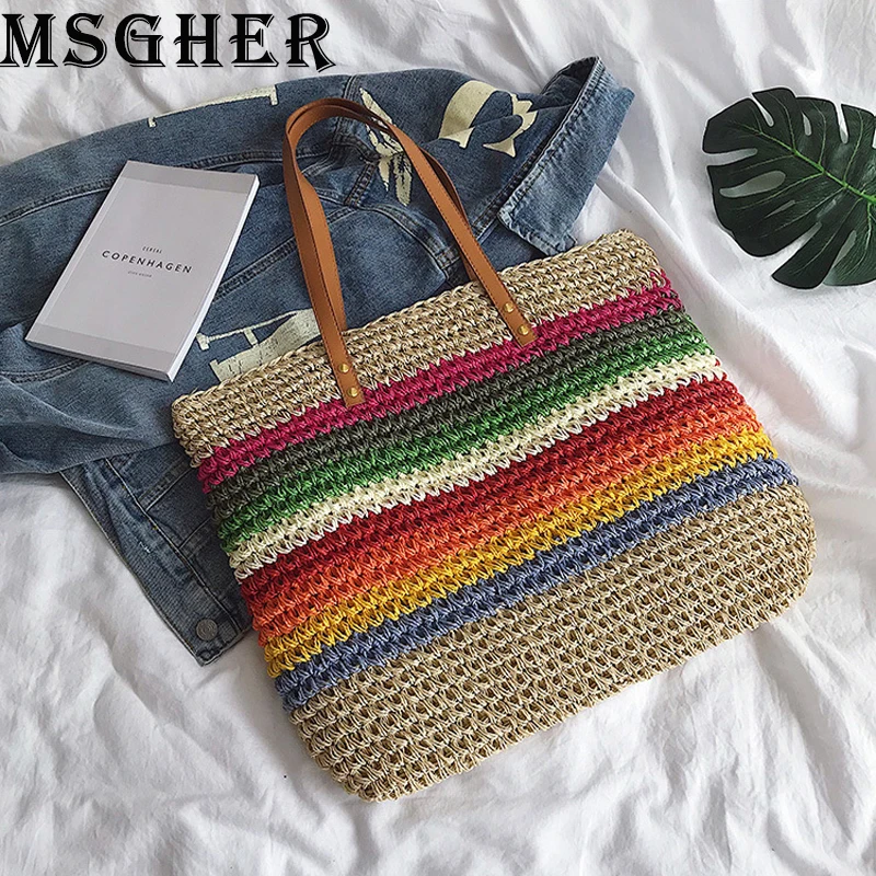

MSGHER Handbags Women Summer High Capacity Tote Bags Female Fashion Color Straw Bags Casual Vacation Shoulder Bags